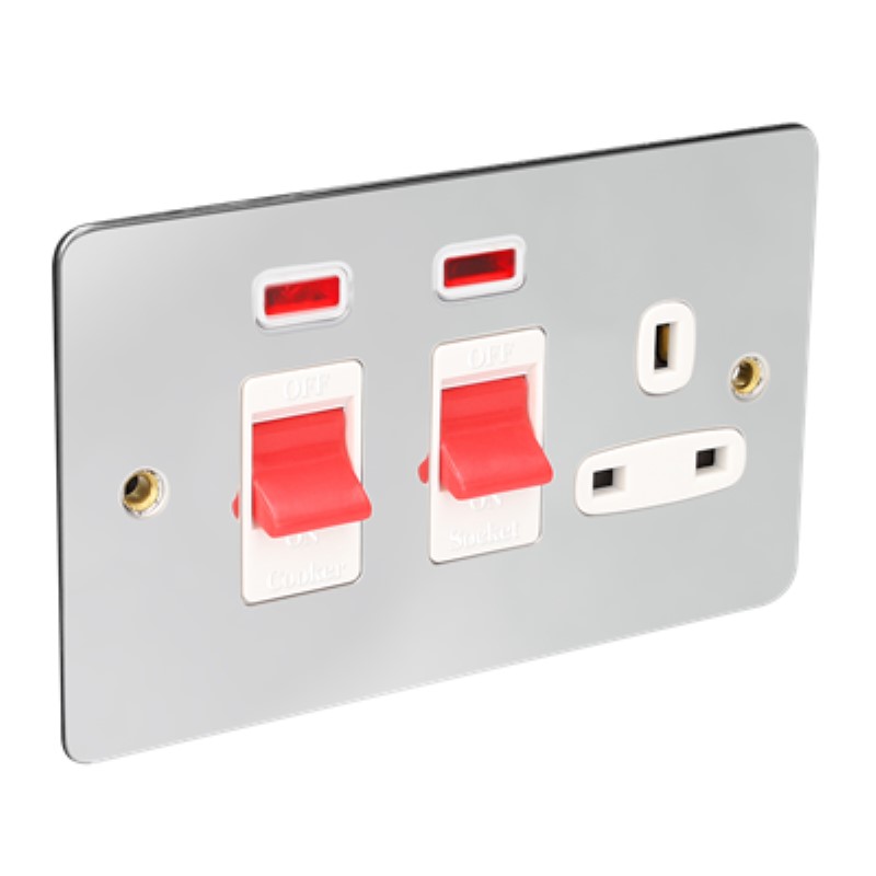 Flat Plate 45A Cooker Switch Plus Socket with Neon *Chrome/White